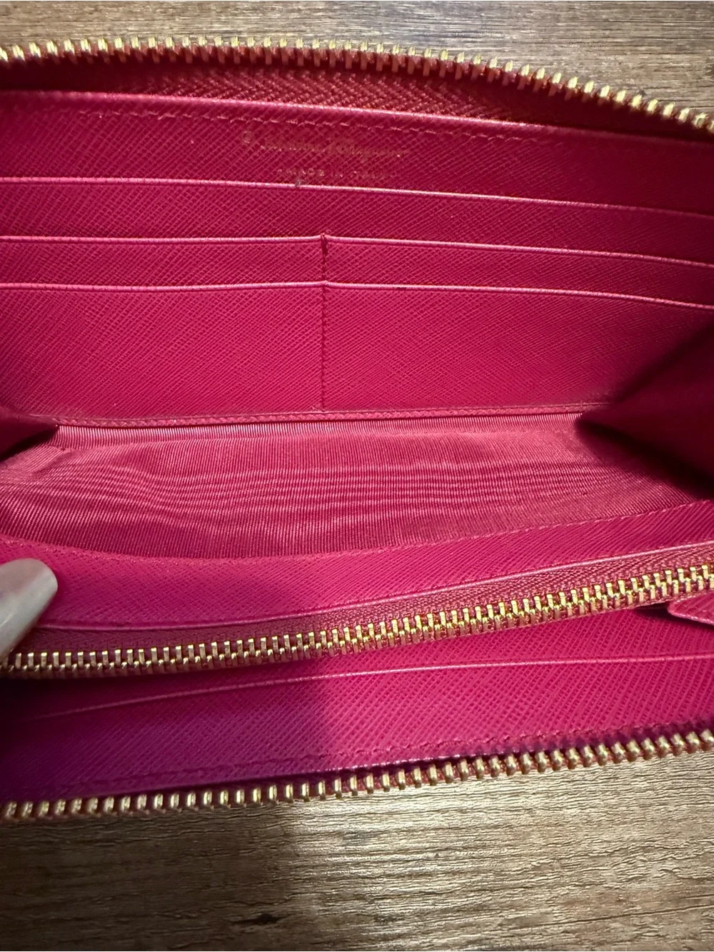 Salvatore Ferragamo Fuchsia Vara Bow Zip Wallet with Gold Hardware COA